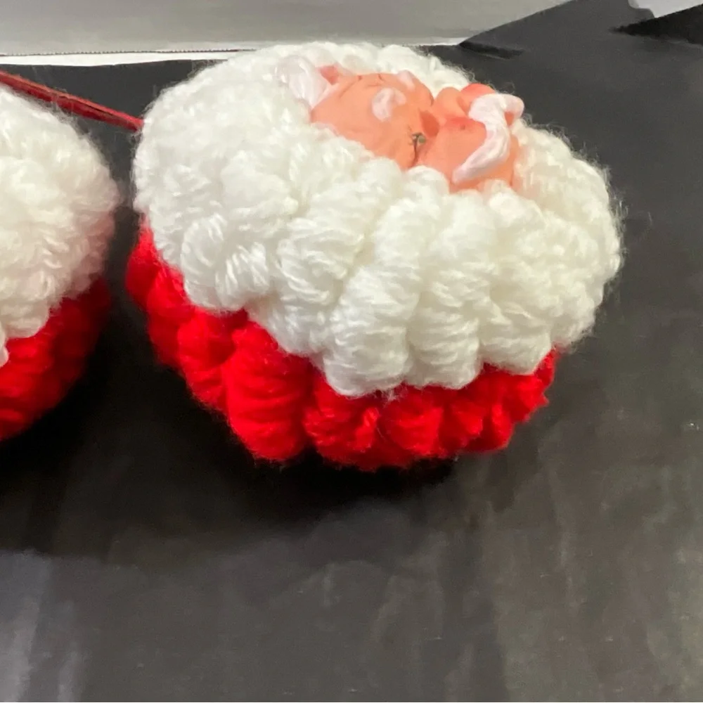 Vintage Set of 2 Handmade Santa and Mrs Claus Yarn Ornaments with Plastic Faces